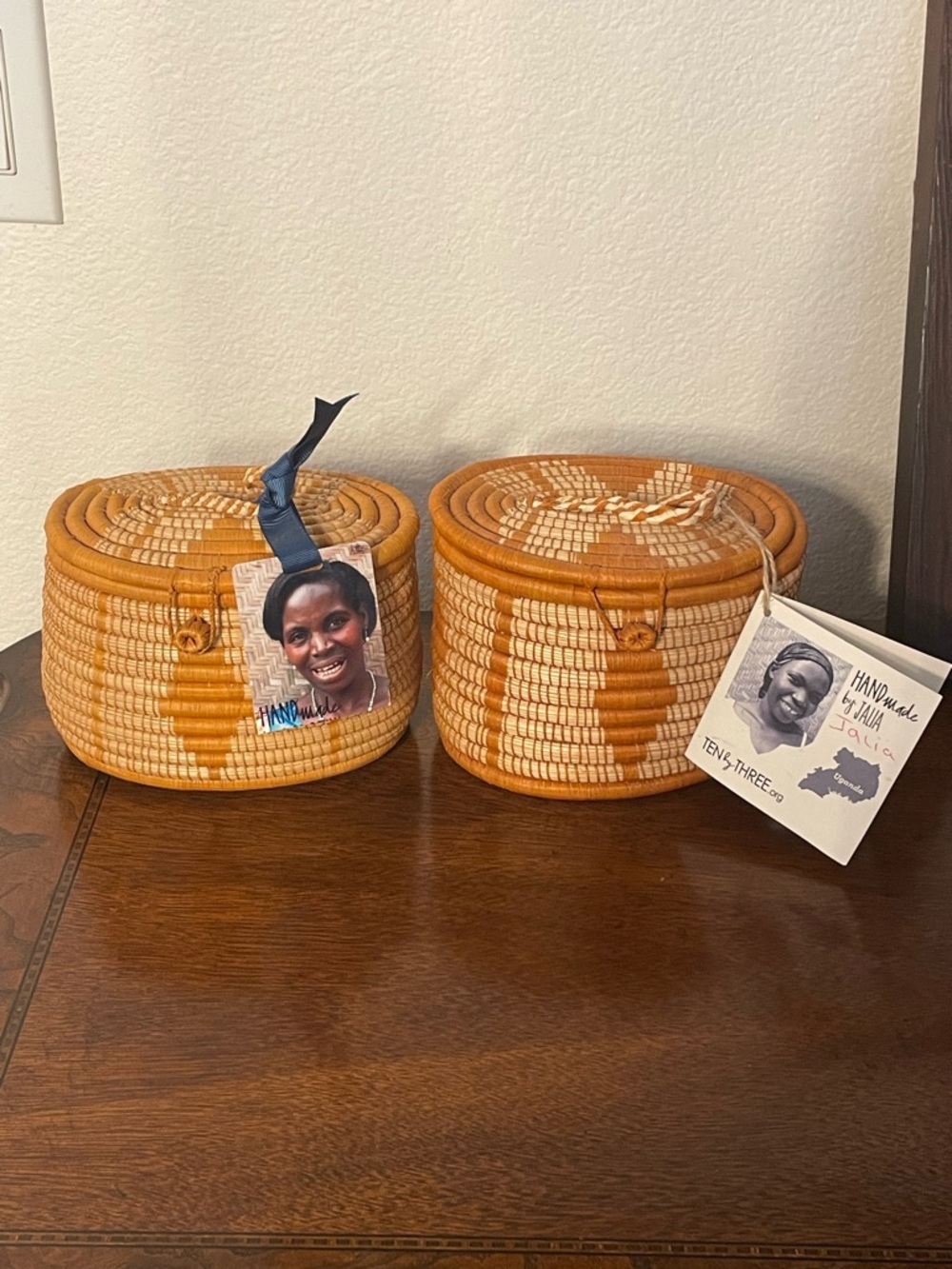 Set of 2 Handmade Woven African Lidded Blessing Basket with Artist Card